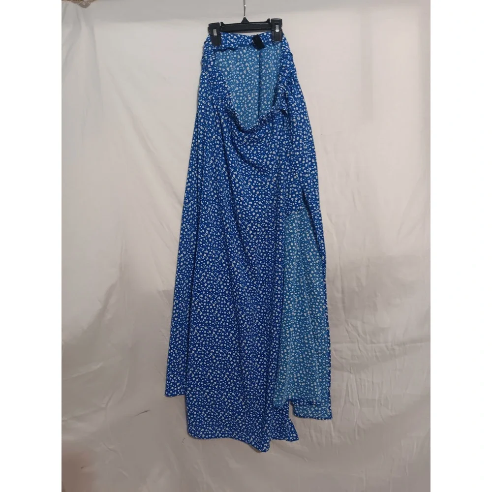 Emery Rose Blue Floral Ditsy Print Maxi Skirt High Slit Boho Women 1XL